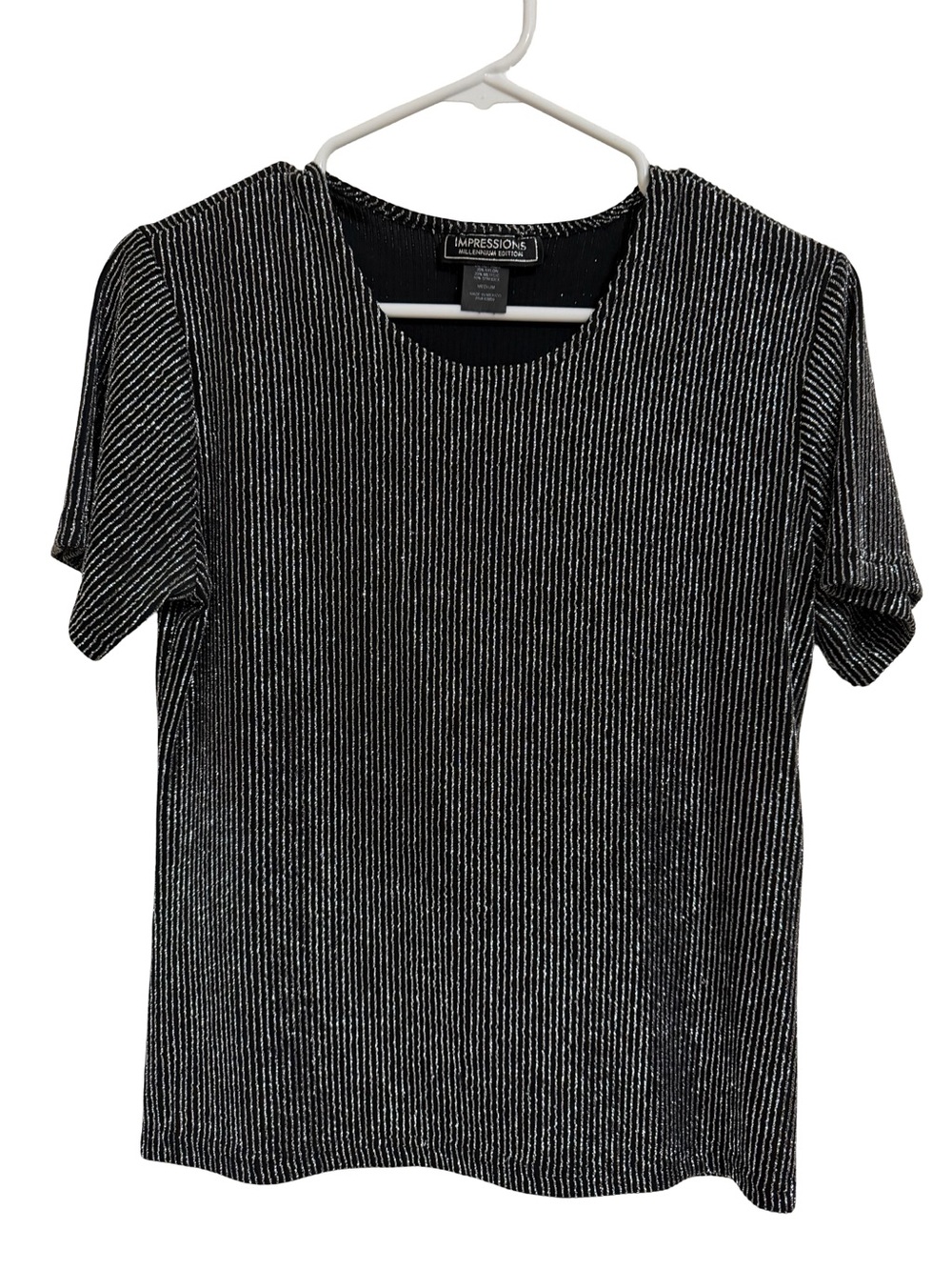 Impressions Millinium Edition Black Metallic Ribbed Short Sleeve Top Sz Medium
